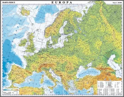 Europa. Harta fizică şi politică/Harta de contur (verso), 500x350 mm, fără şipci