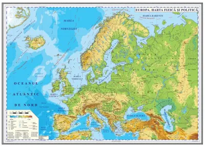 Europa. Harta fizica si politica (700x500mm), fara sipci