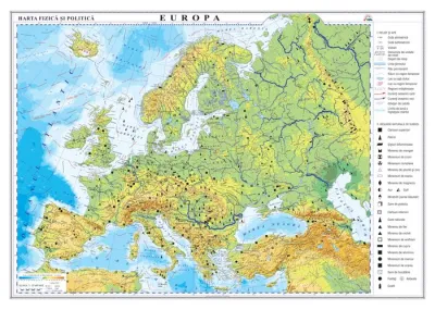 Europa. Harta fizica si politica /Harta de contur (verso), 600x470 mm, fara sipci