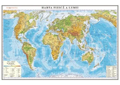  Harta fizica a lumii /Harta de contur (verso), 600x470 mm, fără şipci