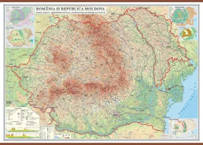 România şi Republica Moldova. Harta fizică, administrativă şi a substanţelor minerale utile (1600x1200 mm)