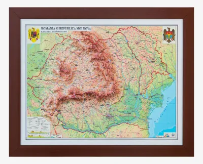 România şi Republica Moldova. Harta fizică şi administrativă (proiecţie 3D), 600x470mm