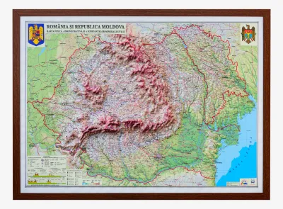 România şi Republica Moldova. Harta fizică, administrativă şi a substanţelor minerale utile (proiecţie 3D), 1000x700mm