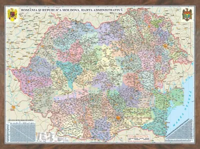 România şi Republica Moldova. Harta administrativă (proiecţie 3D), 600x470mm