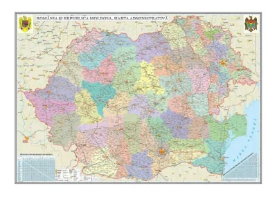România şi Republica Moldova. Harta administrativă /Harta de contur (verso),600x470mm, fără şipci