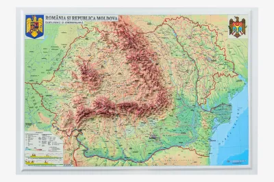 România și Republica Moldova. Harta fizică și administrativa (proiecție 3D), 450x330mm
