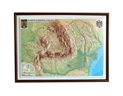 Romania si Republica Moldova. Harta fizica si administrativa (proiectie 3D), 450x330mm, cu rama
