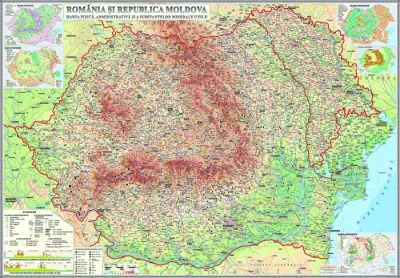 România şi Republica Moldova. Harta fizică, administrativă şi a substanţelor minerale utile (2000x1400 mm)