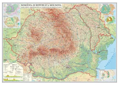 România şi Republica Moldova. Harta fizică, administrativă şi a substanţelor minerale utile (2000x1400 mm), fără şipci