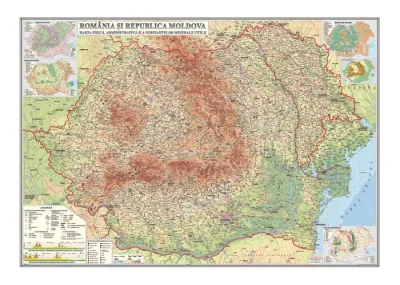 România şi Republica Moldova. Harta, fizică, administrativă şi a substanţelor minerale utile /Harta de contur (verso),600x470mm, fără şipci