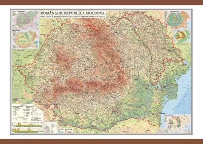 România şi Republica Moldova. Harta fizică, administrativă şi a substanţelor minerale utile (700x500 mm)