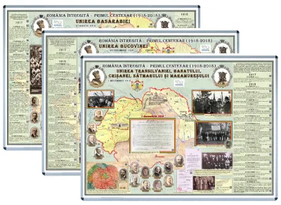 Set de 3 panouri: Unirea Basarabiei, Unirea Bucovinei, Unirea Transilvaniei, Banatului, Crisanei, Satmarului si Maramuresului   (1600x1200mm, cu rama, pentru afisaj strada)