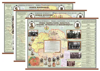 Set de 3 planse: Unirea Basarabiei. Unirea Bucovinei. Unirea Transilvaniei, Banatului, Crisanei, Satmarului si Maramuresului   (1400x1000mm), cu sipci