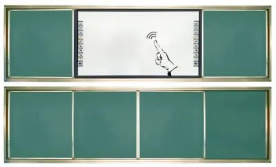 Tabla scolara cu tabla interactiva pe mijloc si 2 suprafete verzi culisante pe orizontala (4000x1200mm)